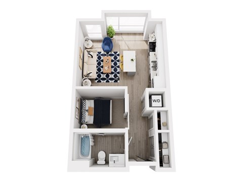 A top down view of a small apartment with a kitchen, living room and bathroom.